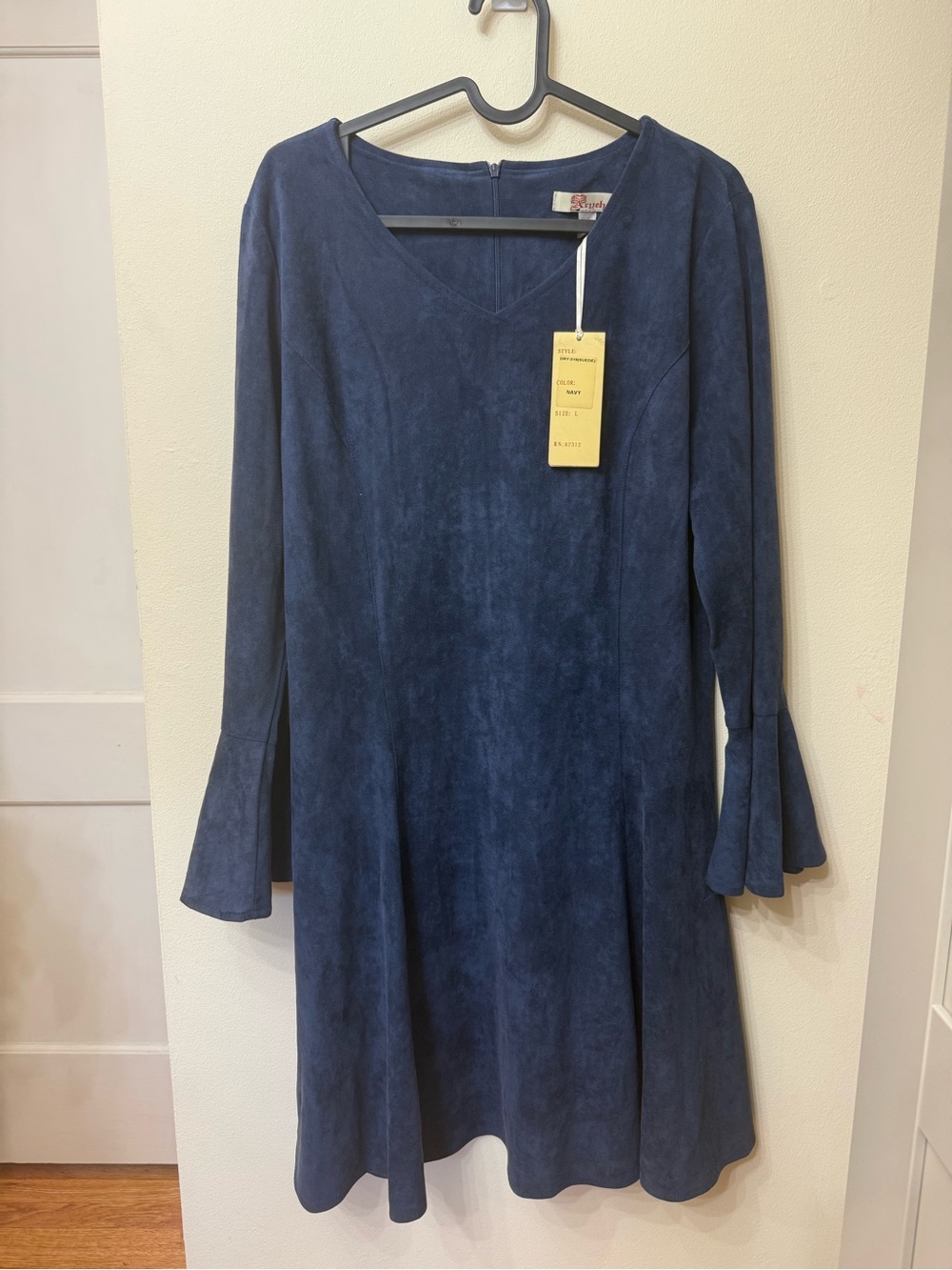 NWT Aryeh L Navy Fit & Flare Faux Suede Dress Bell Sleeves Boho Witchy Indie